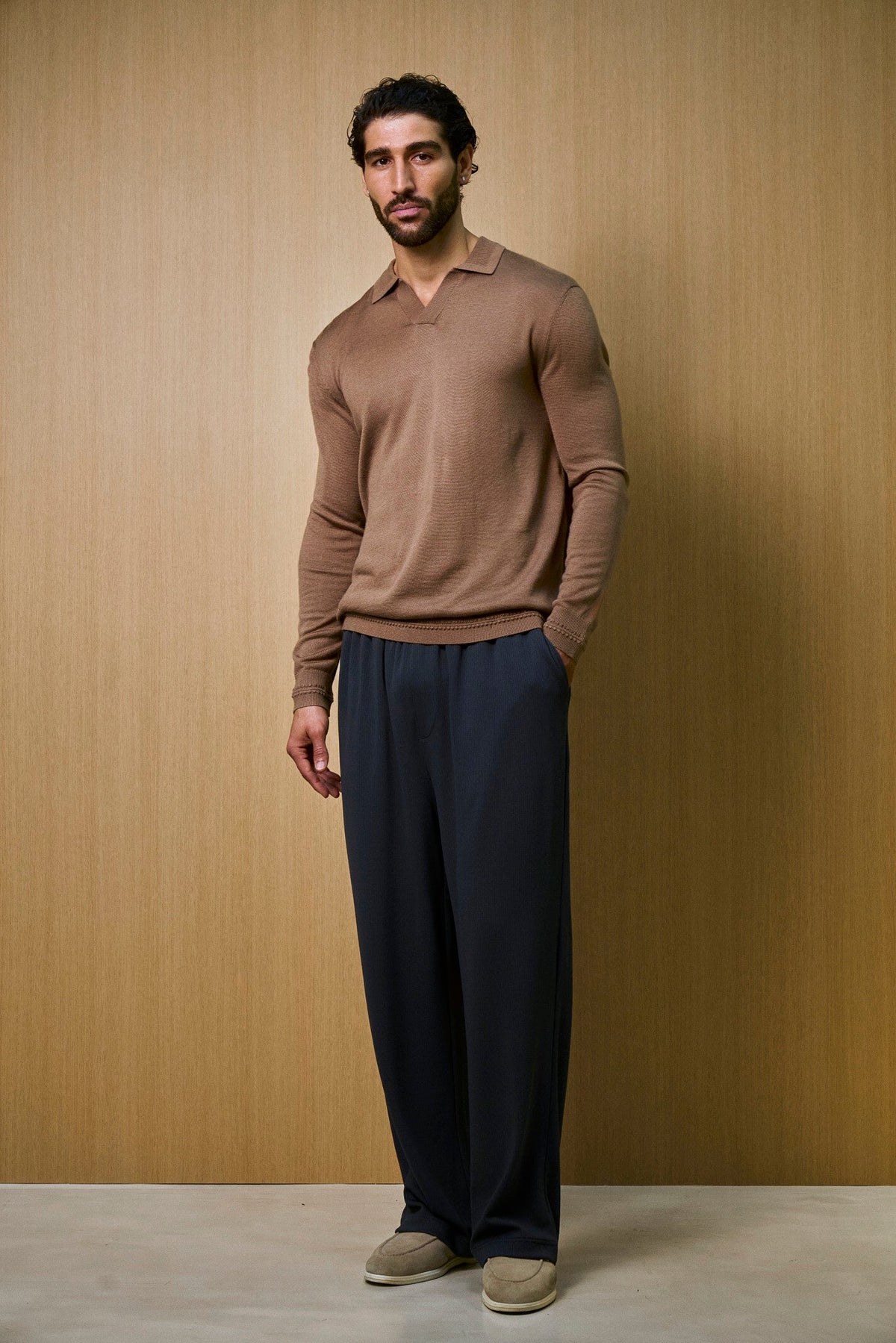 Rivoli Knitted Longsleeve Polo – Taupe