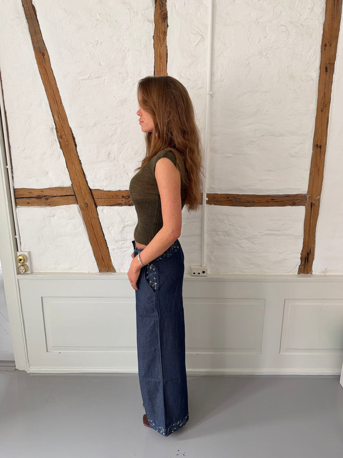 Lolita pants with embroidered flowers  – Blue/White